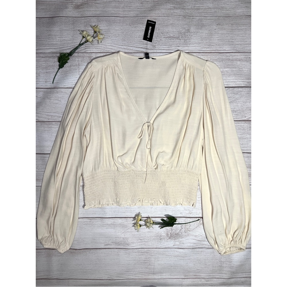 EXPRESS Balloon Sleeve Splice Tie Front Smocked Top